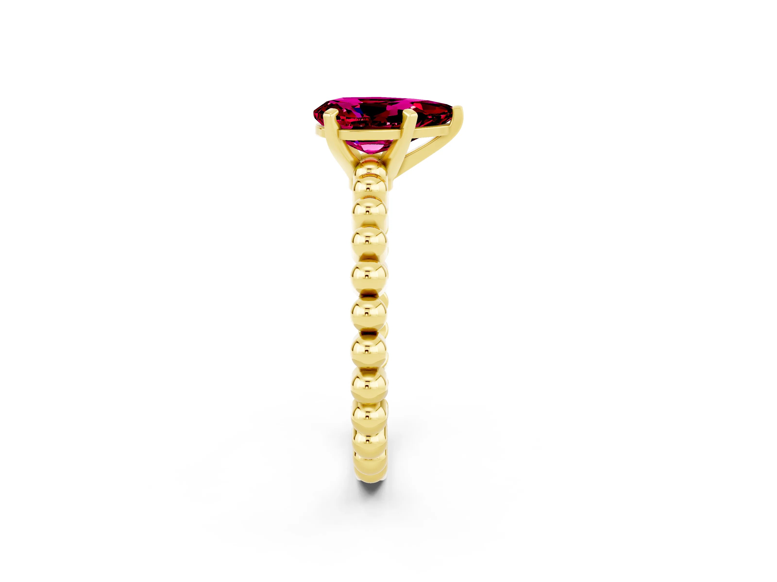 Yellow gold Pear Cut Garnet Solitaire Ring with Beaded Band and Prong Setting_2