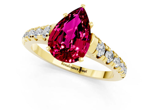 Yellow gold Pear Cut Garnet Solitaire Ring with Cathedral Setting and Pavé Band_1