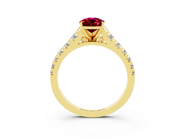 Yellow gold Pear Cut Garnet Cathedral Solitaire Ring with Round  Pavé Band