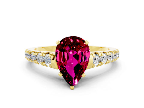 Yellow gold Pear Cut Garnet Solitaire Ring with Cathedral Setting and Pavé Band