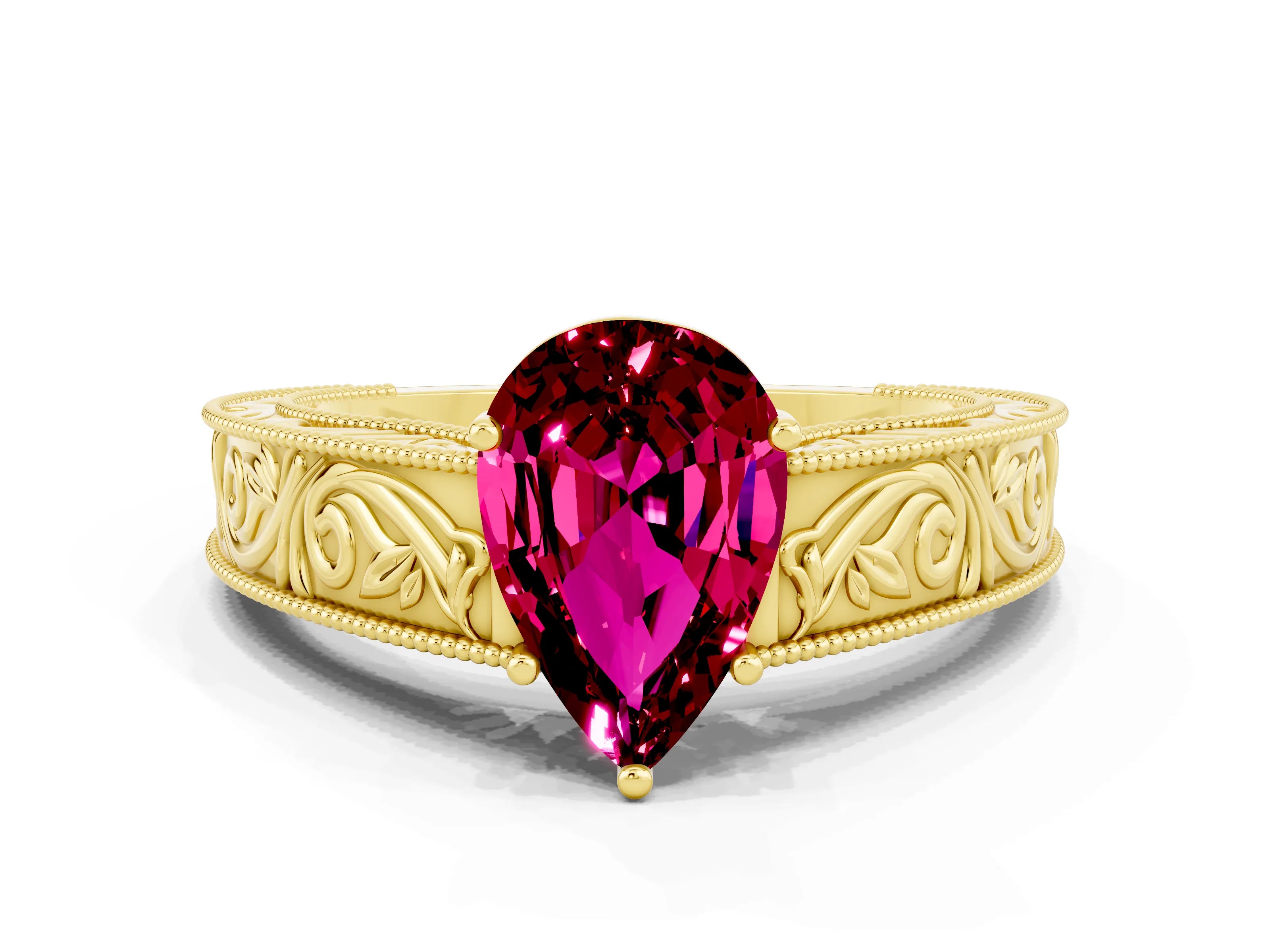 Yellow gold Pear Cut Garnet Solitaire Ring with Engraved Band and Four-Prong Setting
