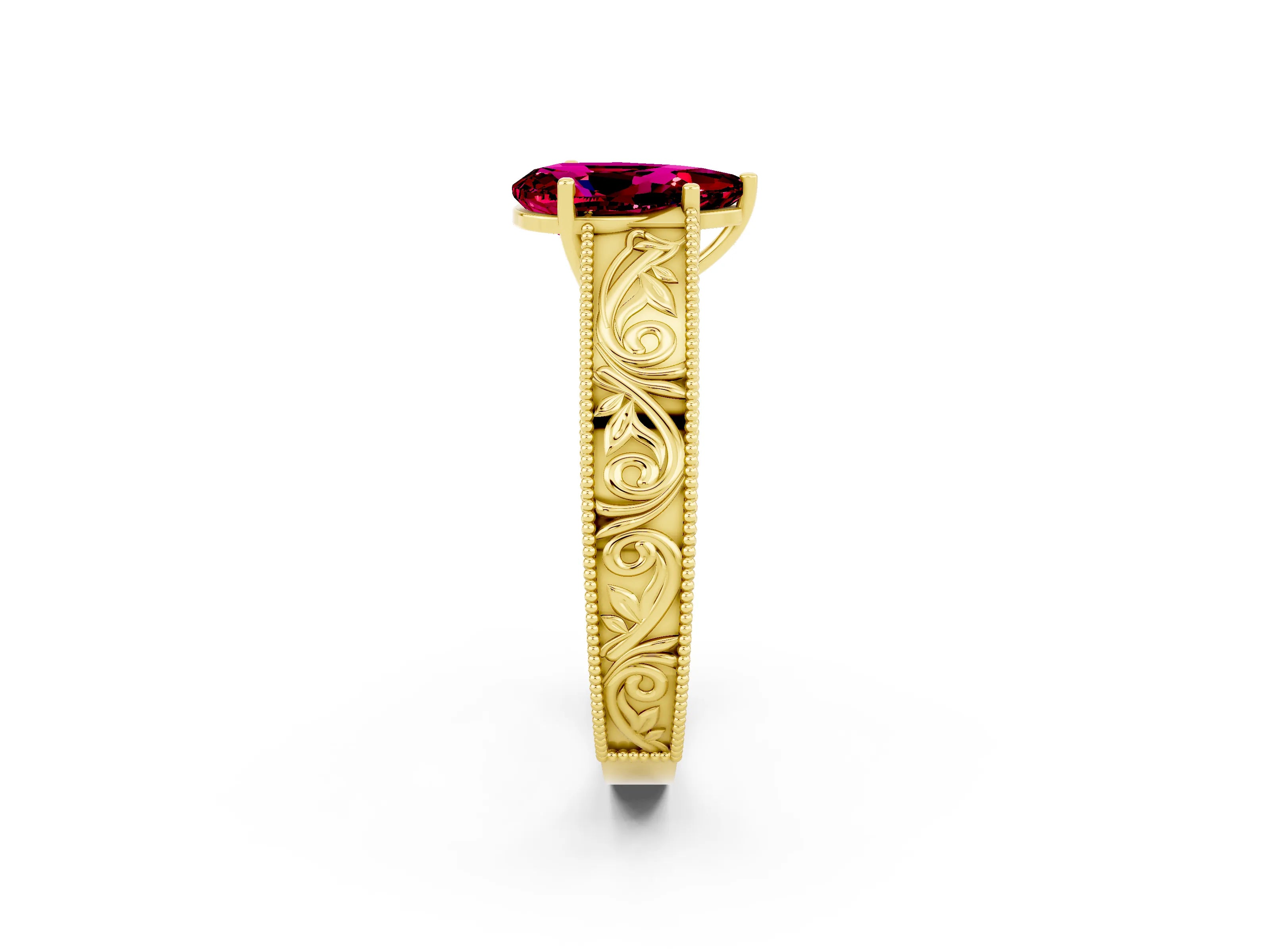 Yellow gold Pear Cut Garnet Solitaire Ring with Engraved Band and Four-Prong Setting_2