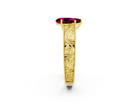 Yellow gold Pear Cut Garnet Solitaire Ring with Engraved Band and Four-Prong Setting_2