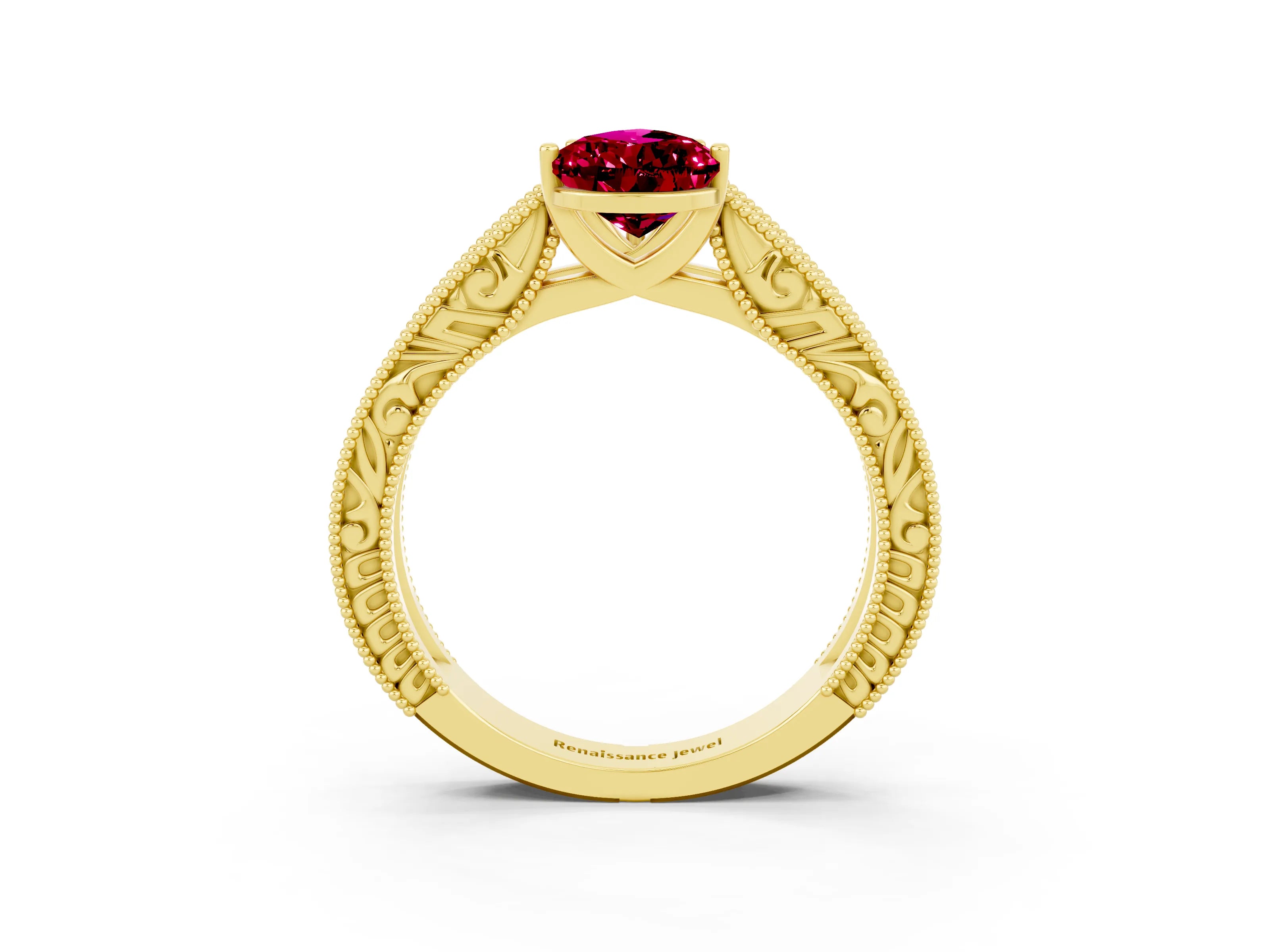 Yellow gold Pear Cut Garnet Solitaire Ring with Engraved Band and Four-Prong Setting_3