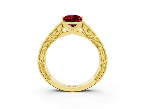 Yellow gold Pear Cut Garnet Solitaire Ring with Engraved Band and Four-Prong Setting_3