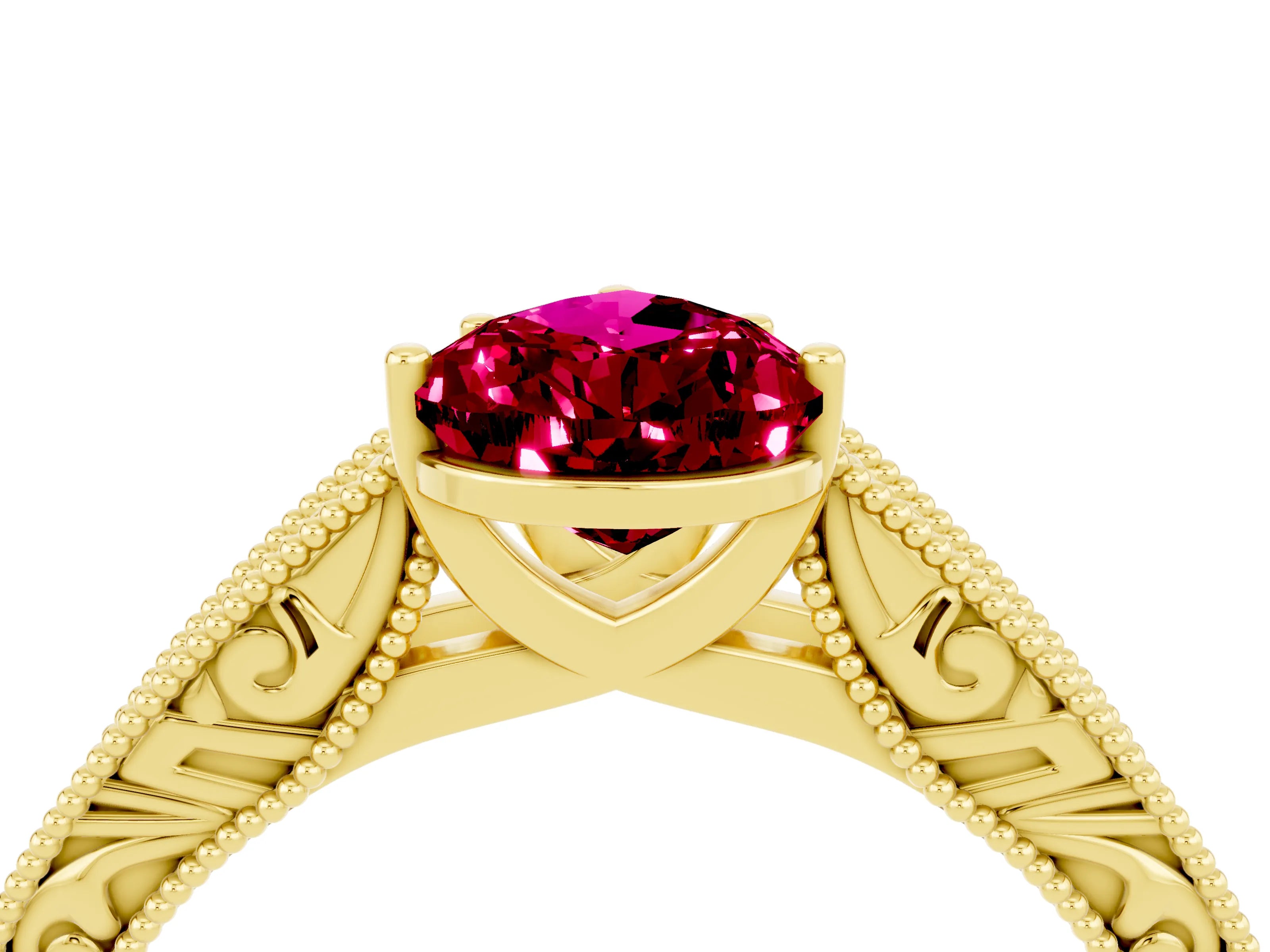 Yellow gold Pear Cut Garnet Solitaire Ring with Engraved Band and Four-Prong Setting_4