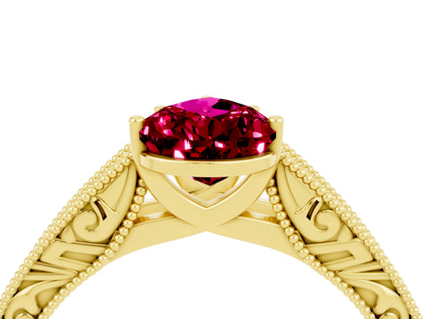 Yellow gold Pear Cut Garnet Solitaire Ring with Engraved Band and Four-Prong Setting_4