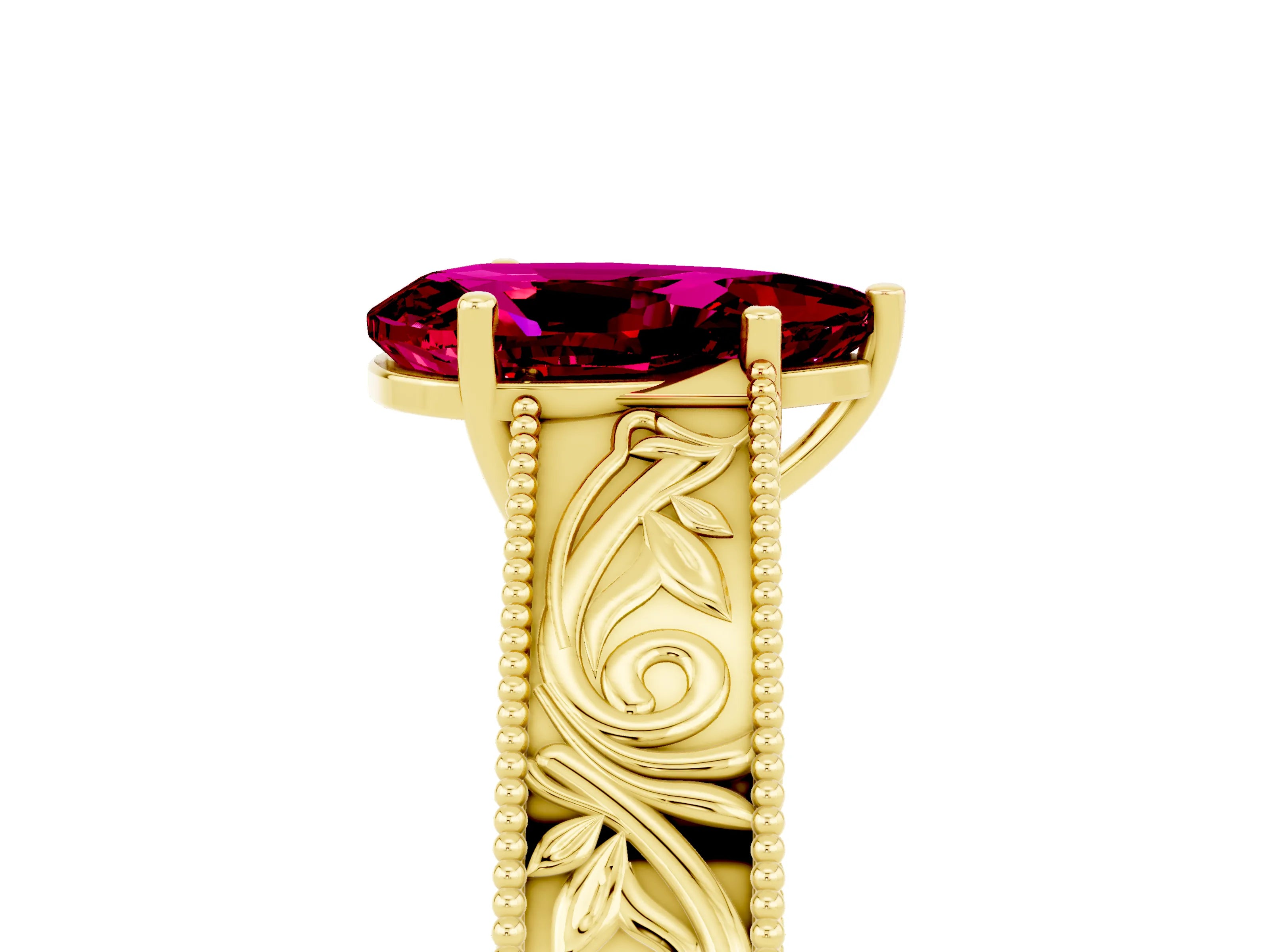 Yellow gold Pear Cut Garnet Solitaire Ring with Engraved Band and Four-Prong Setting_5
