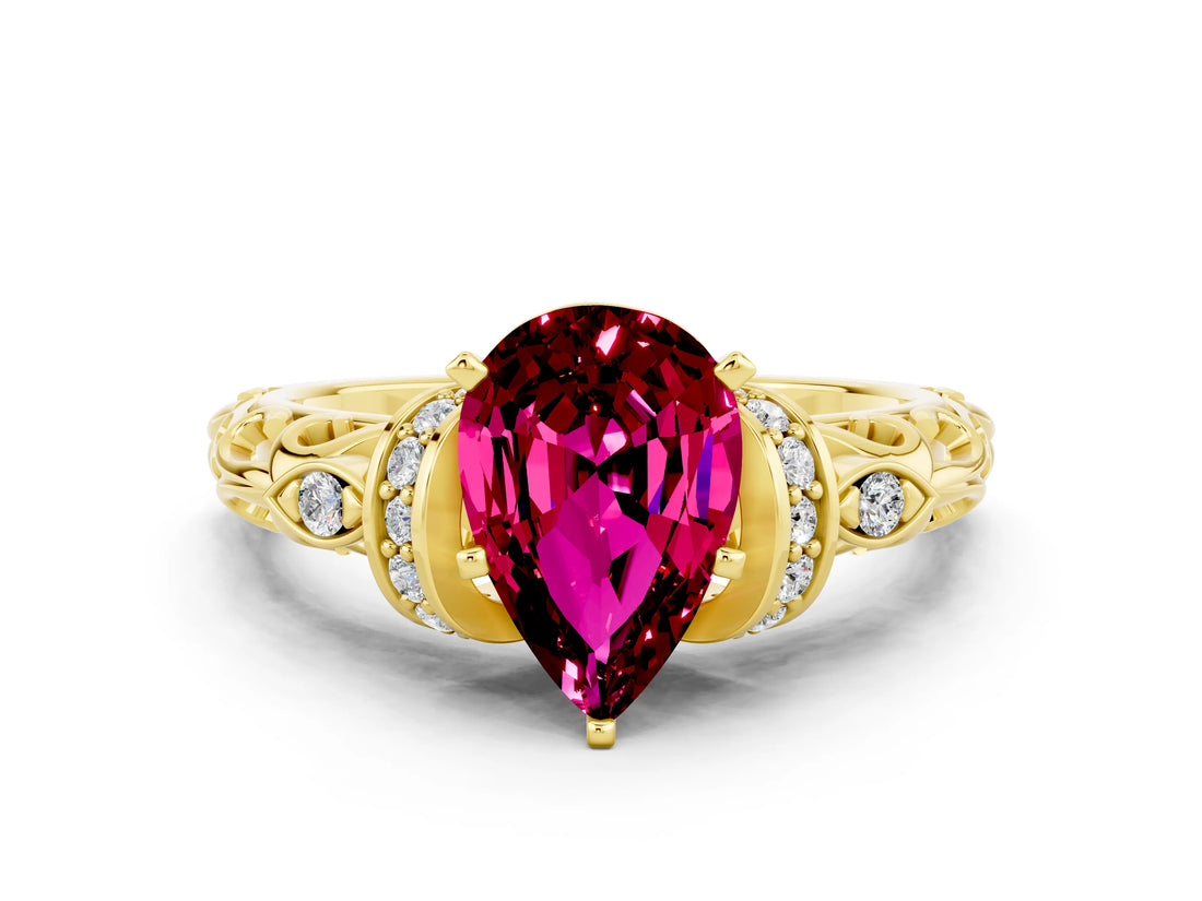 Yellow gold Pear Cut Garnet Solitaire Ring with Filigree Band and Four-Prong Setting_24
