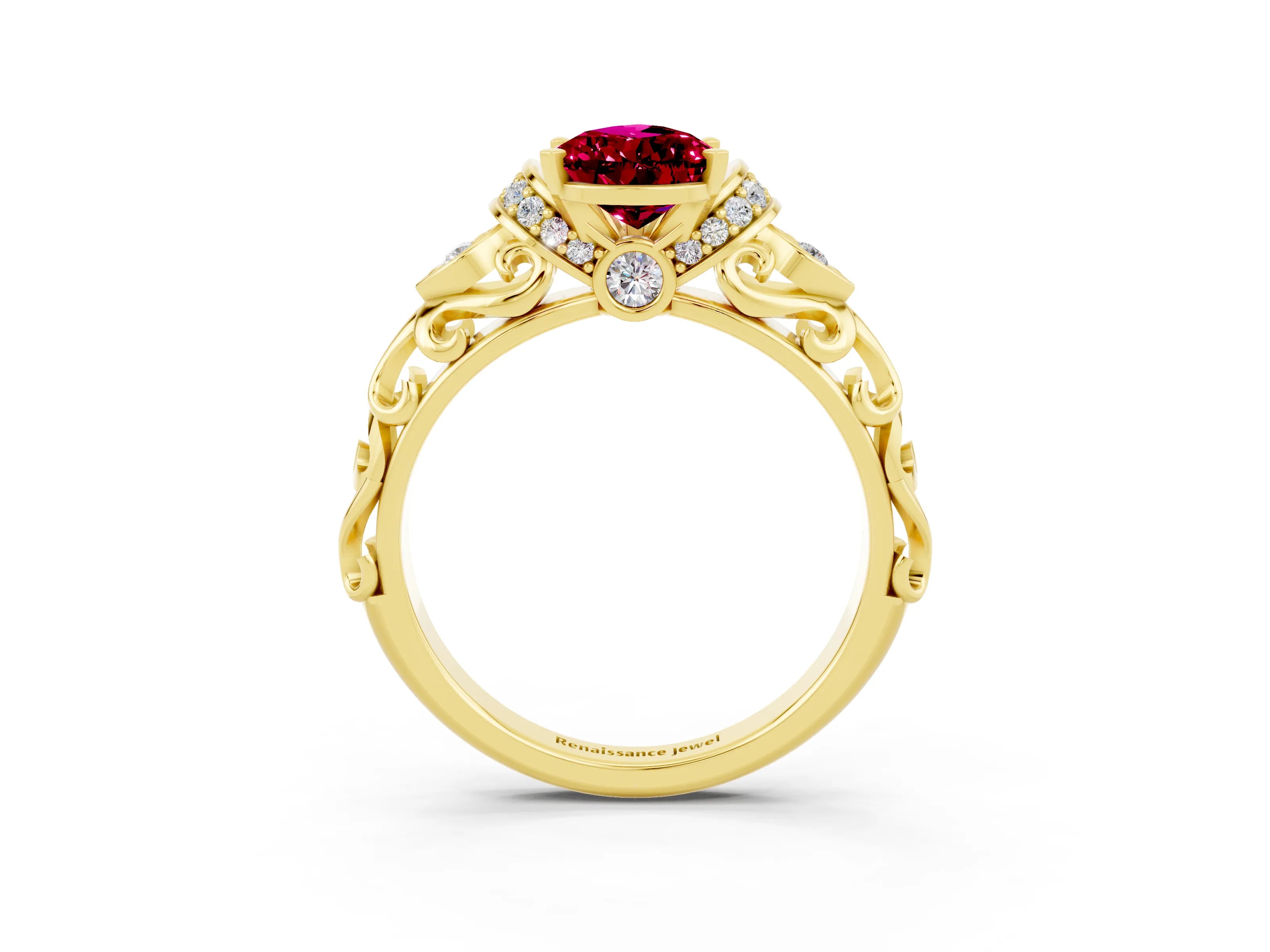 Yellow gold Pear Cut Garnet Solitaire Ring with Filigree Band and Four-Prong Setting_27