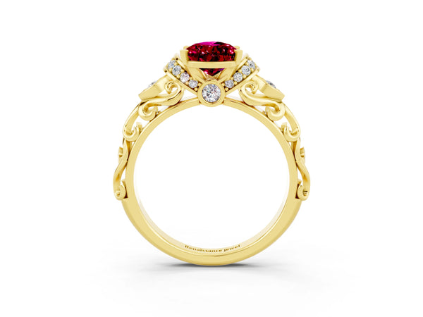 Yellow gold Pear Cut Garnet Solitaire Ring with Filigree Band and Four-Prong Setting