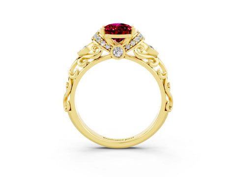 Yellow gold Pear Cut Garnet Solitaire Ring with Filigree Band and Four-Prong Setting_27