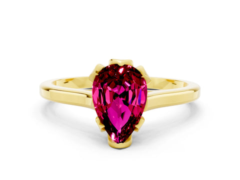 Yellow gold Pear Cut Garnet Solitaire Ring with Flower Prong Setting and Classic Band_12