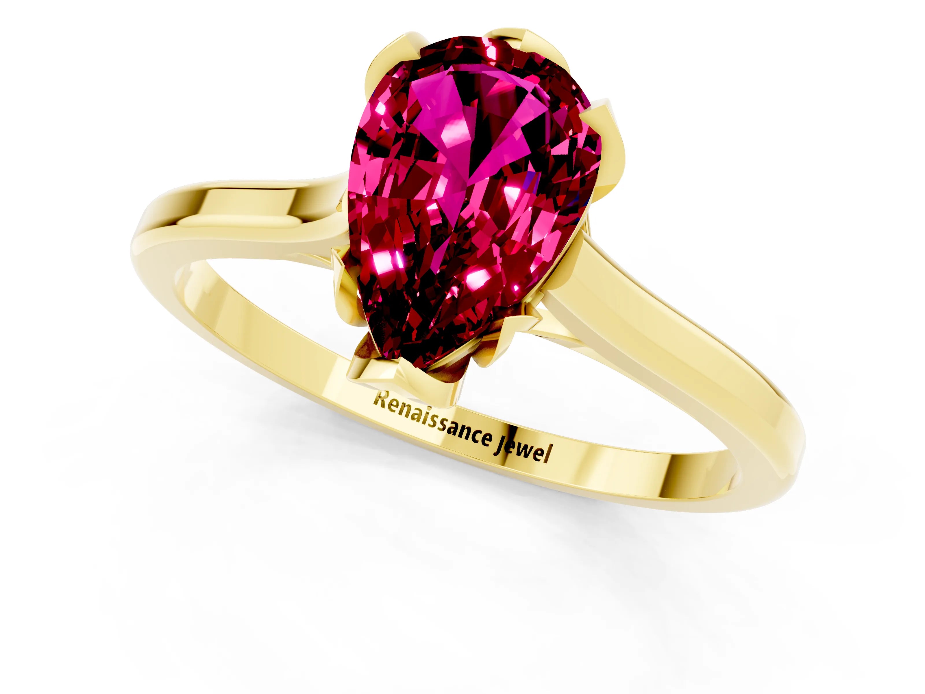 Yellow gold Pear Cut Garnet Solitaire Ring with Flower Prong Setting and Classic Band_13