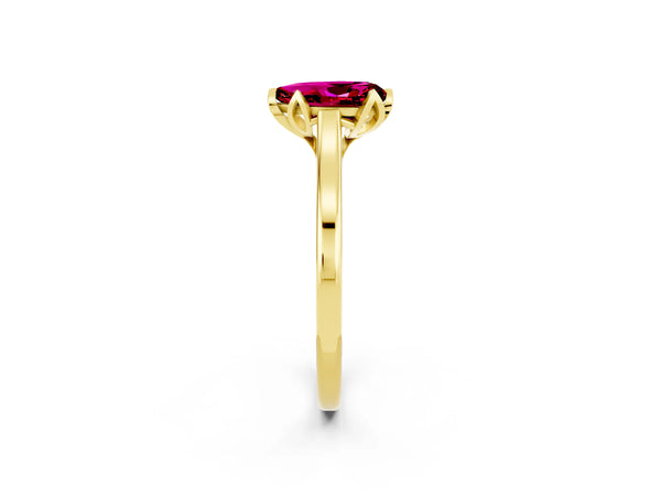 Yellow gold Pear Cut Garnet Solitaire Ring with Flower Prong Setting and Classic Band