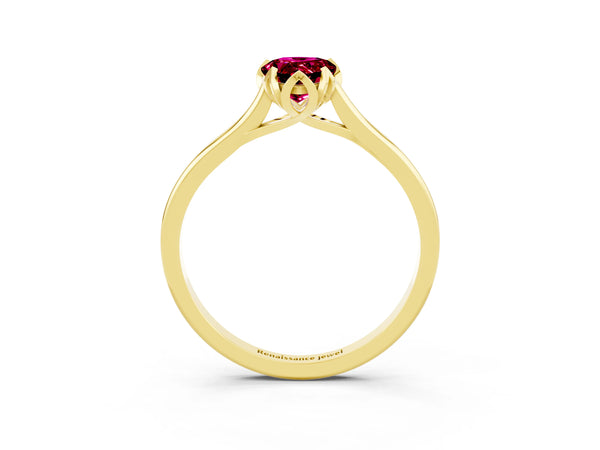 Yellow gold Pear Cut Garnet Solitaire Ring with Flower Prong Setting and Classic Band