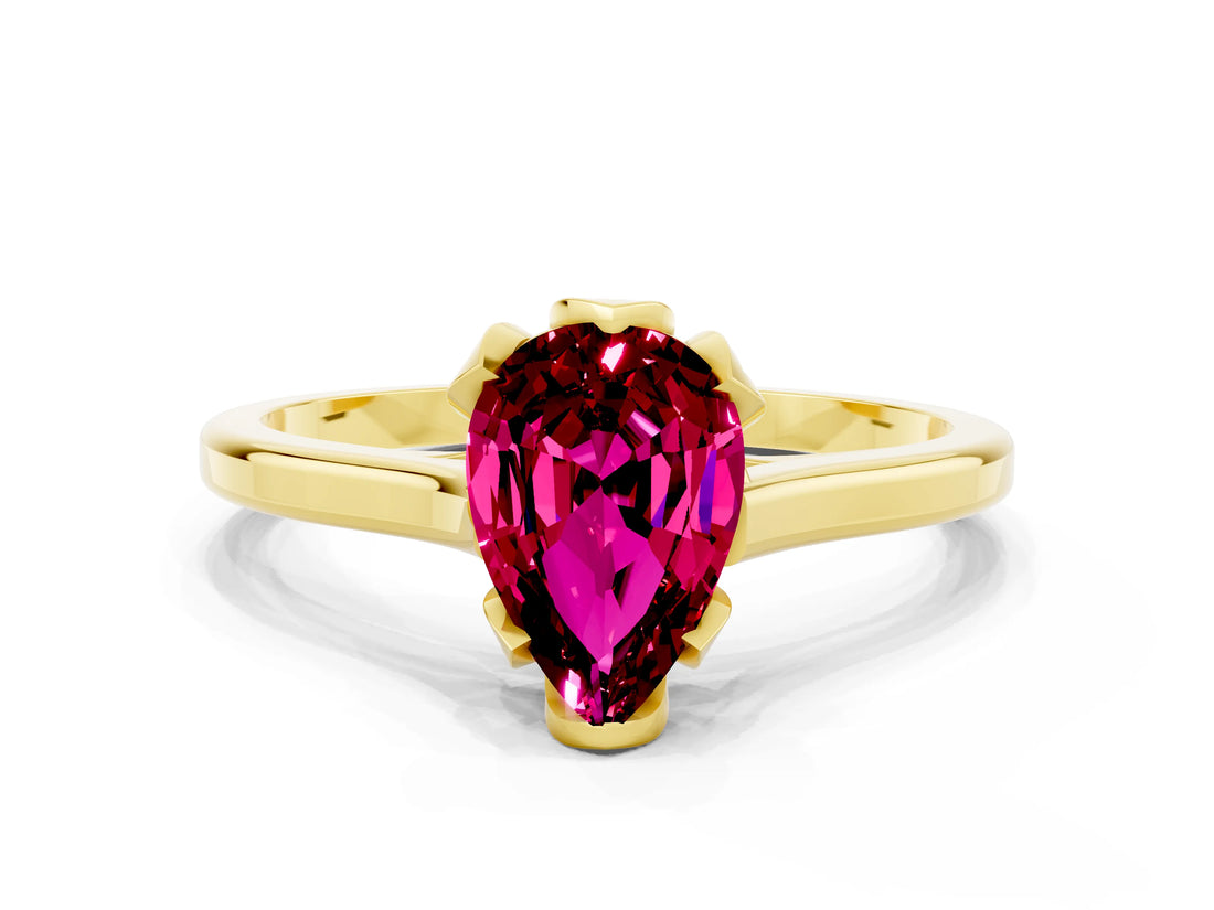 Yellow gold Pear Cut Garnet Solitaire Ring with Flower Prong Setting and Classic Band_36