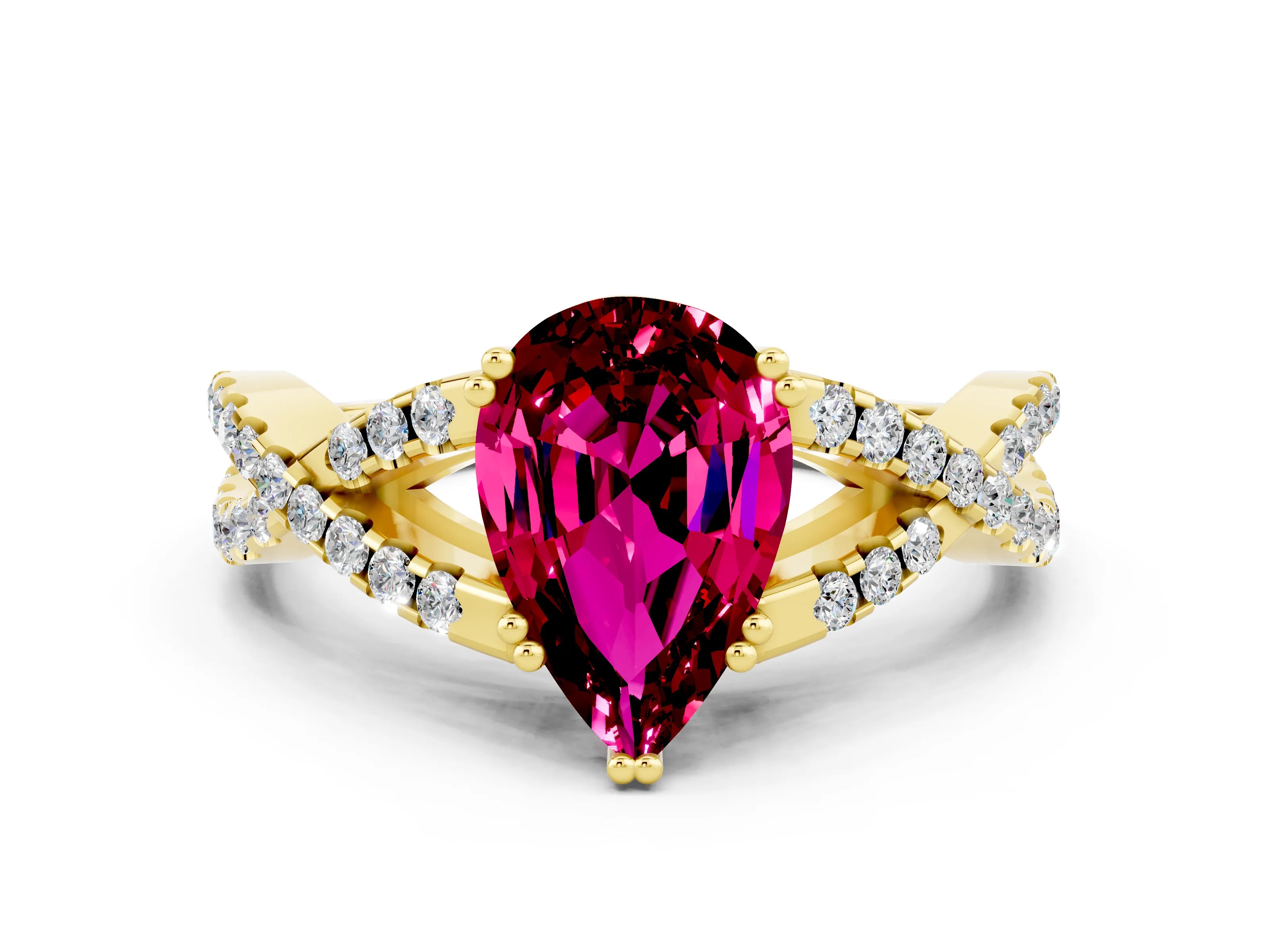 Yellow gold Pear Cut Garnet Solitaire Ring with Four-Prong Setting and Twisted Pavé Band