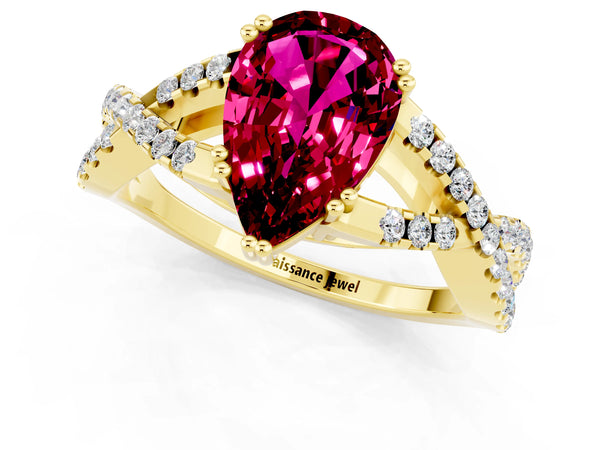 Yellow gold Pear Cut Garnet Solitaire Ring with Four-Prong Setting and Twisted Pavé Band