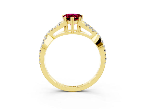 Yellow gold Pear Cut Garnet Solitaire Ring with Four-Prong Setting and Twisted Pavé Band