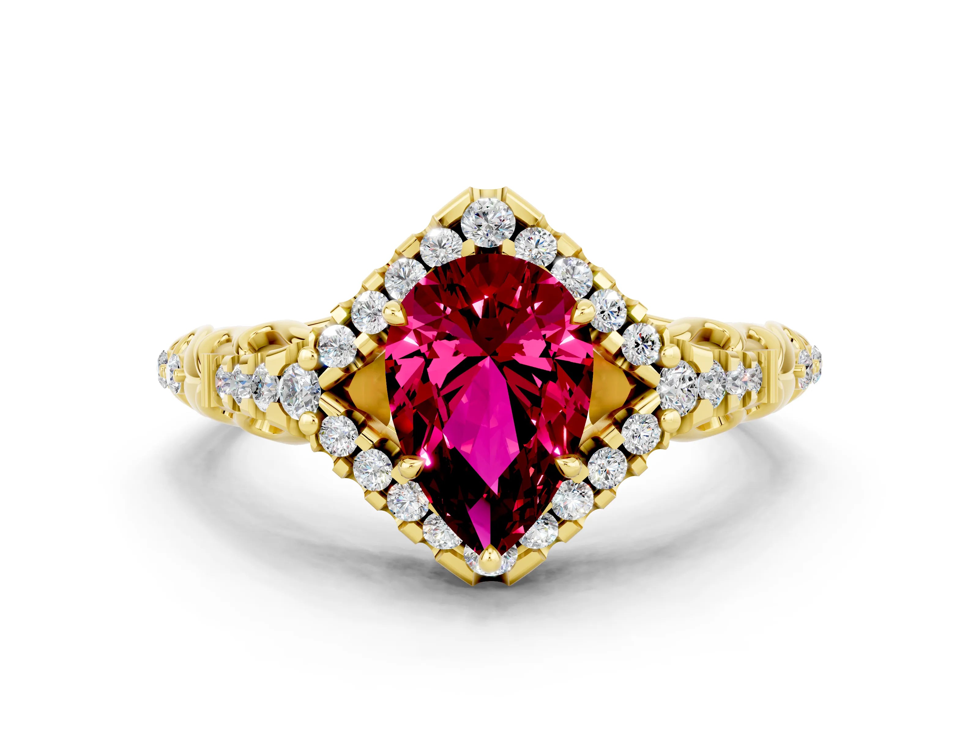 Yellow gold Pear Cut Garnet Solitaire Ring with Hidden Halo and Pavé Band_12