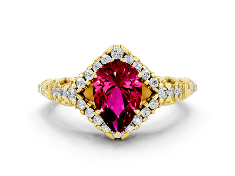 Yellow gold Pear Cut Garnet Solitaire Ring with Hidden Halo and Pavé Band_12