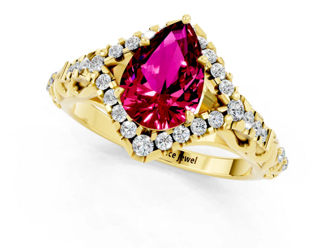 Yellow gold Pear Cut Garnet Solitaire Ring with Hidden Halo and Pavé Band_13