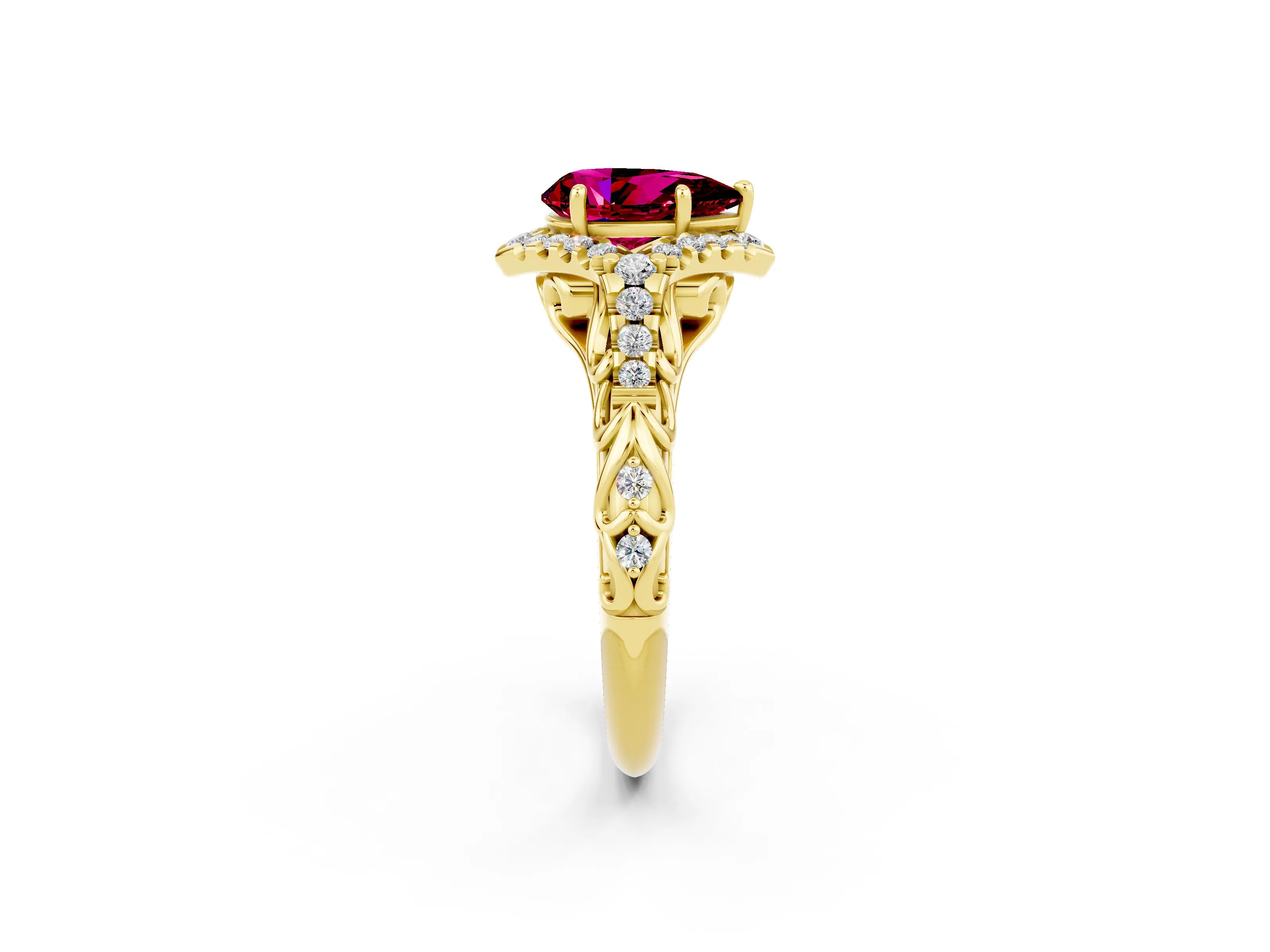 Yellow gold Pear Cut Garnet Solitaire Ring with Hidden Halo and Pavé Band_14
