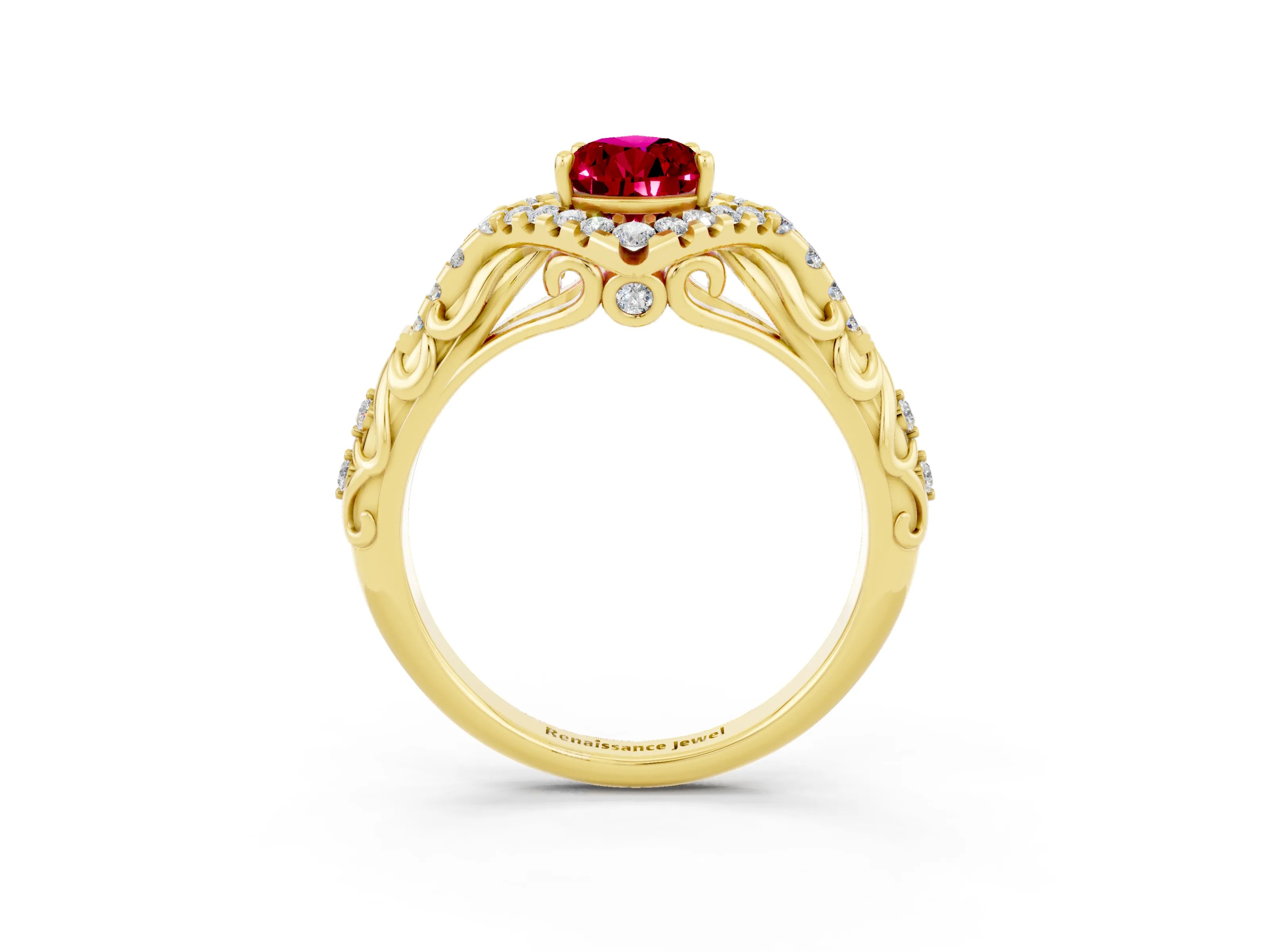 Yellow gold Pear Cut Garnet Solitaire Ring with Hidden Halo and Pavé Band_15
