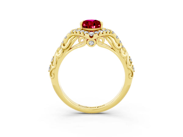 Yellow gold Pear Cut Garnet Solitaire Ring with Hidden Halo and Pavé Band