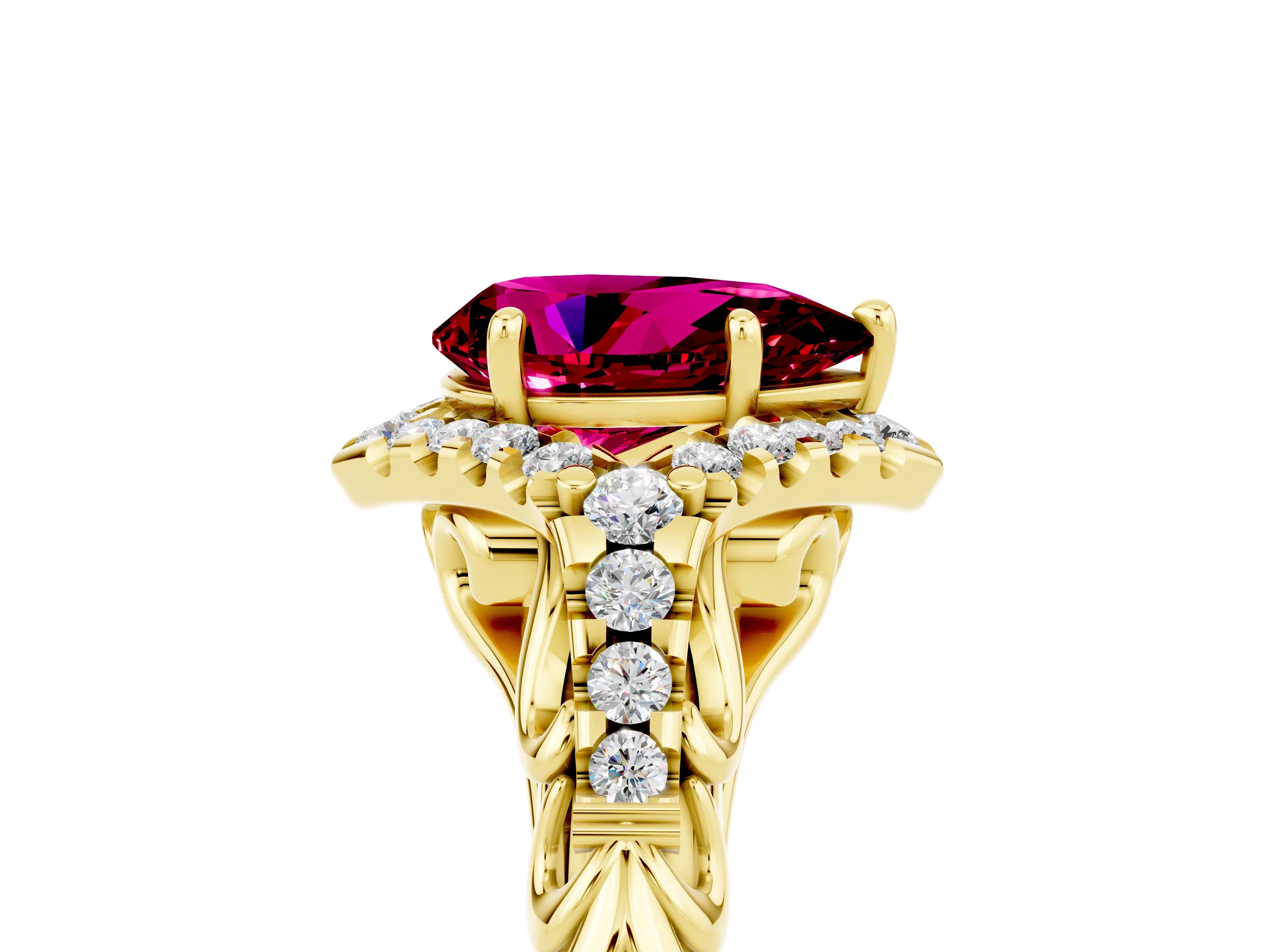 Yellow gold Pear Cut Garnet Solitaire Ring with Hidden Halo and Pavé Band_17
