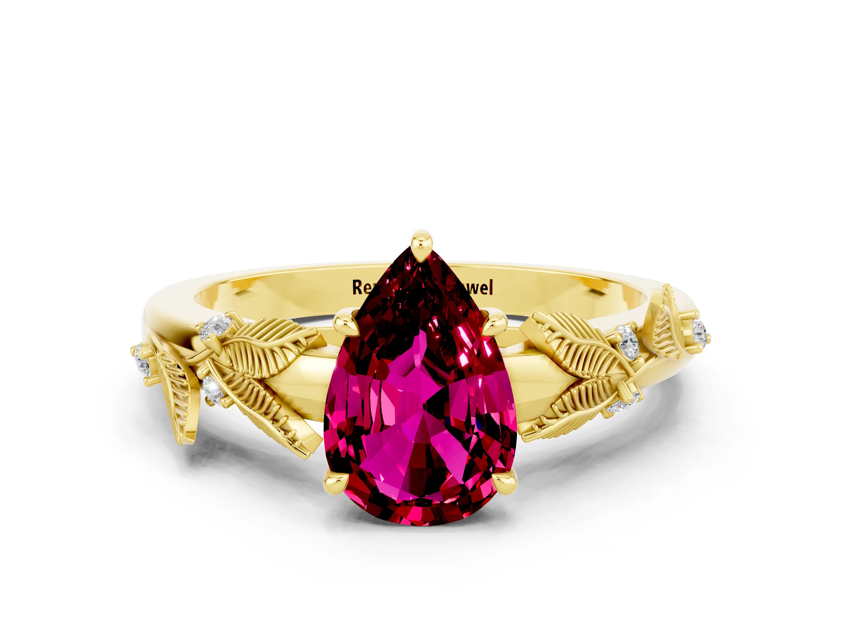 Yellow gold Pear Cut Garnet Solitaire Ring with Leaf Motif Band and Four-Prong Setting