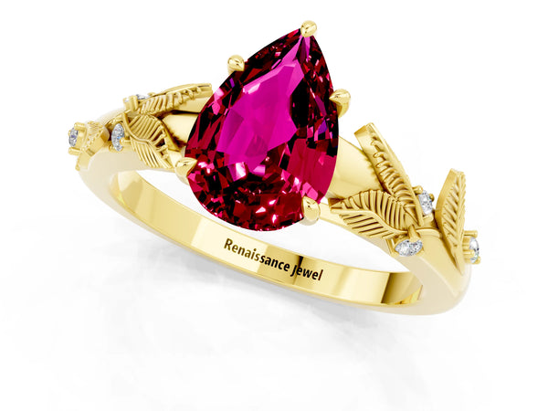 Yellow gold Pear Cut Garnet Solitaire Ring with Leaf Motif Band and Four-Prong Setting