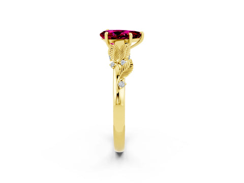 Yellow gold Pear Cut Garnet Solitaire Ring with Leaf Motif Band and Four-Prong Setting_2
