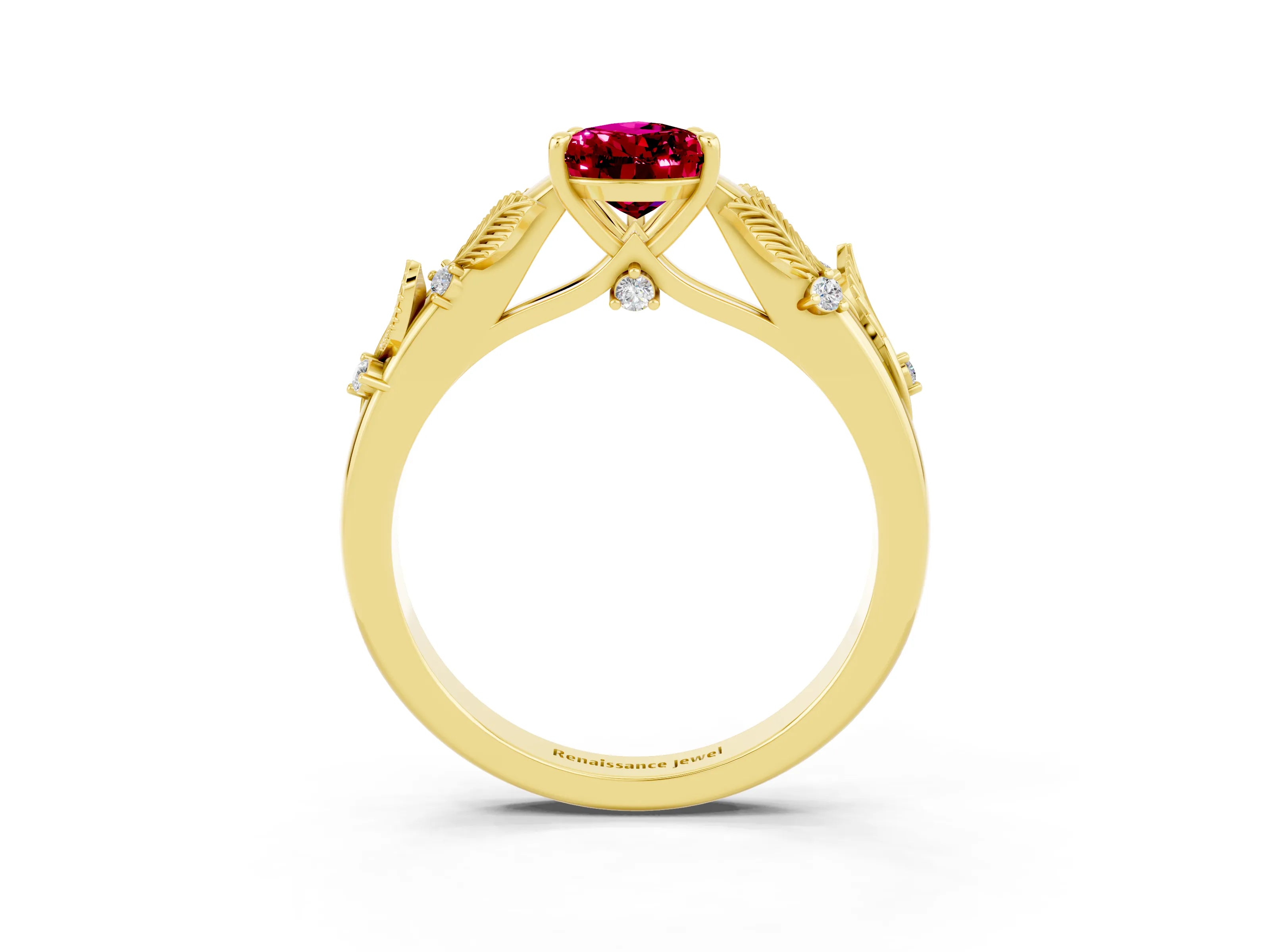 Yellow gold Pear Cut Garnet Solitaire Ring with Leaf Motif Band and Four-Prong Setting_3
