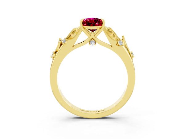 Yellow gold Pear Cut Garnet Solitaire Ring with Leaf Motif Band and Four-Prong Setting