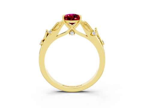 Yellow gold Pear Cut Garnet Solitaire Ring with Leaf Motif Band and Four-Prong Setting_3
