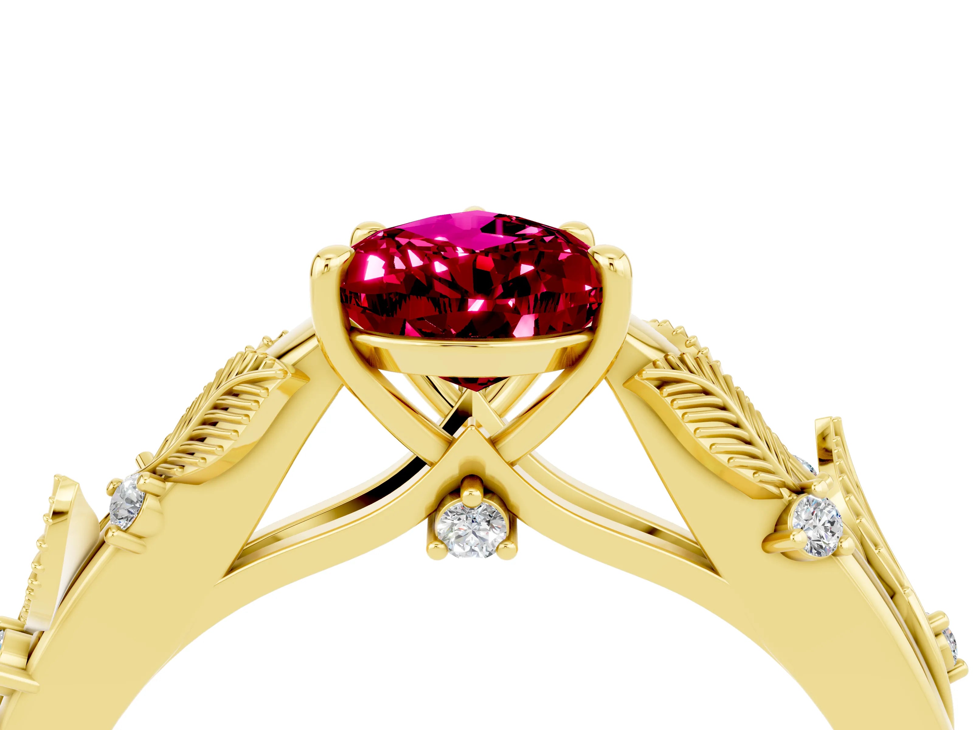 Yellow gold Pear Cut Garnet Solitaire Ring with Leaf Motif Band and Four-Prong Setting_4