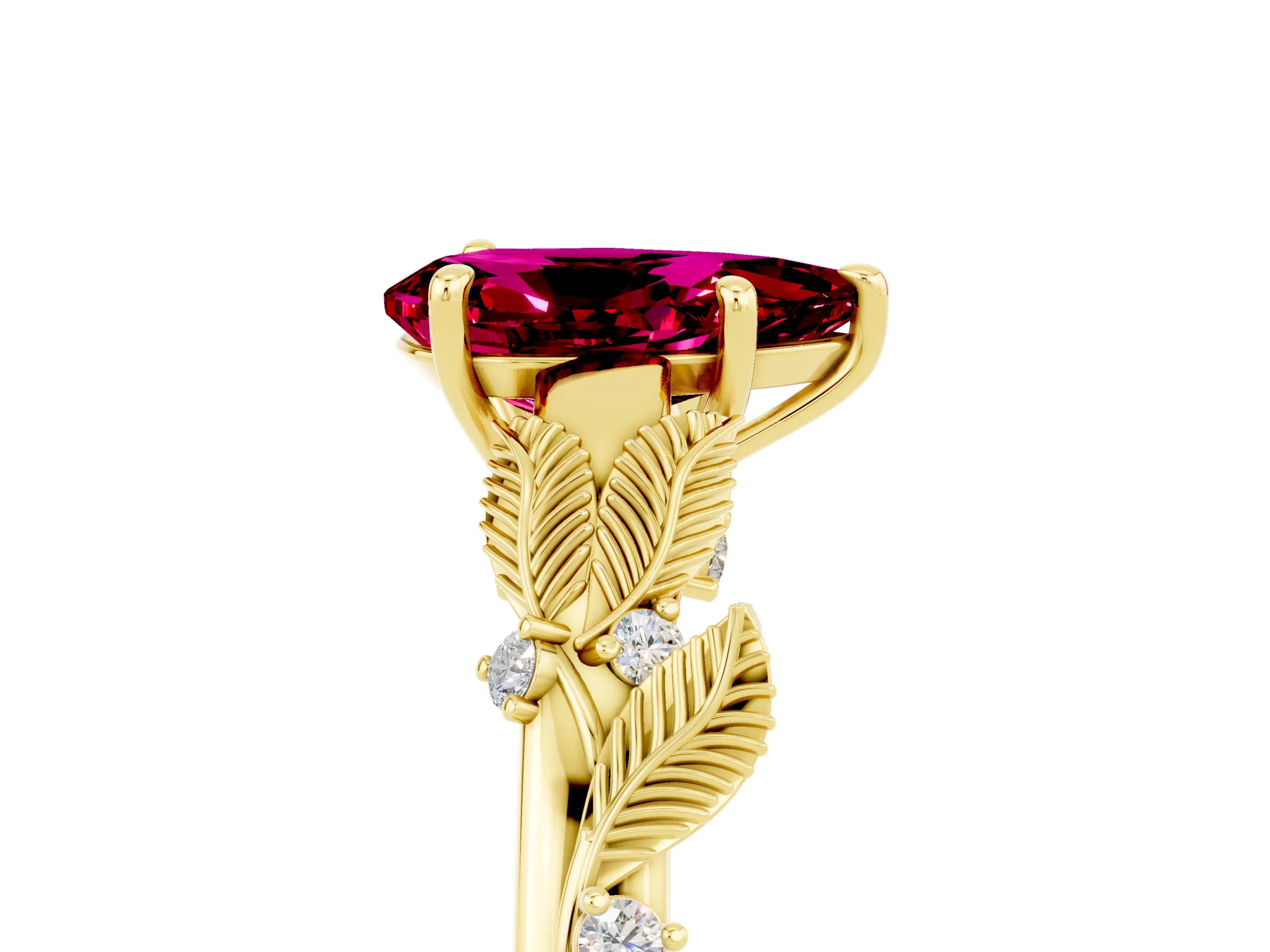 Yellow gold Pear Cut Garnet Solitaire Ring with Leaf Motif Band and Four-Prong Setting_5