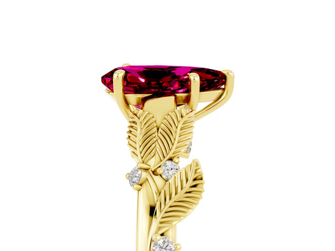Yellow gold Pear Cut Garnet Solitaire Ring with Leaf Motif Band and Four-Prong Setting_5
