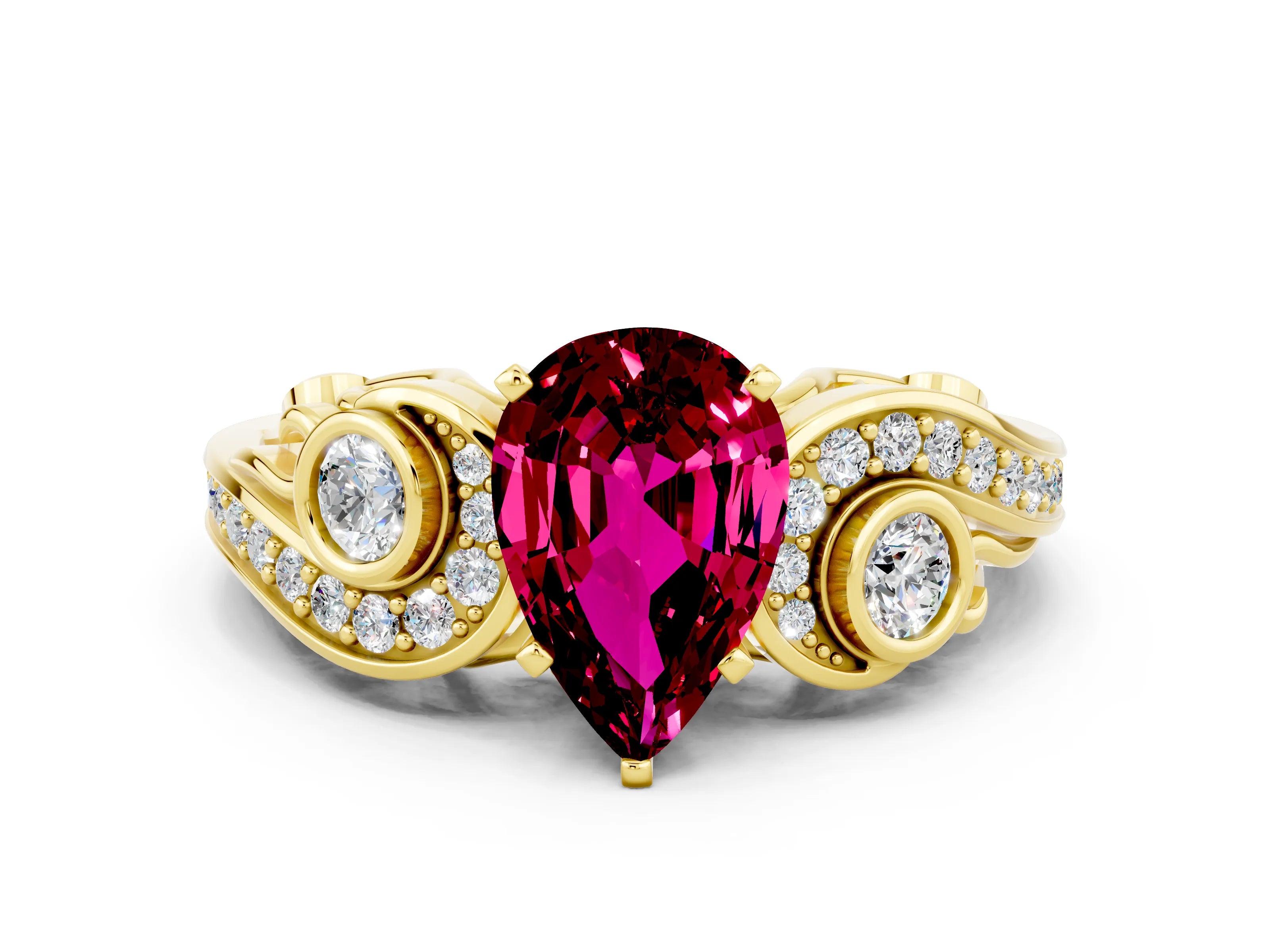 Yellow gold Pear Cut Garnet Solitaire Ring with Milgrain Pavé Band and Four-Prong Setting_24
