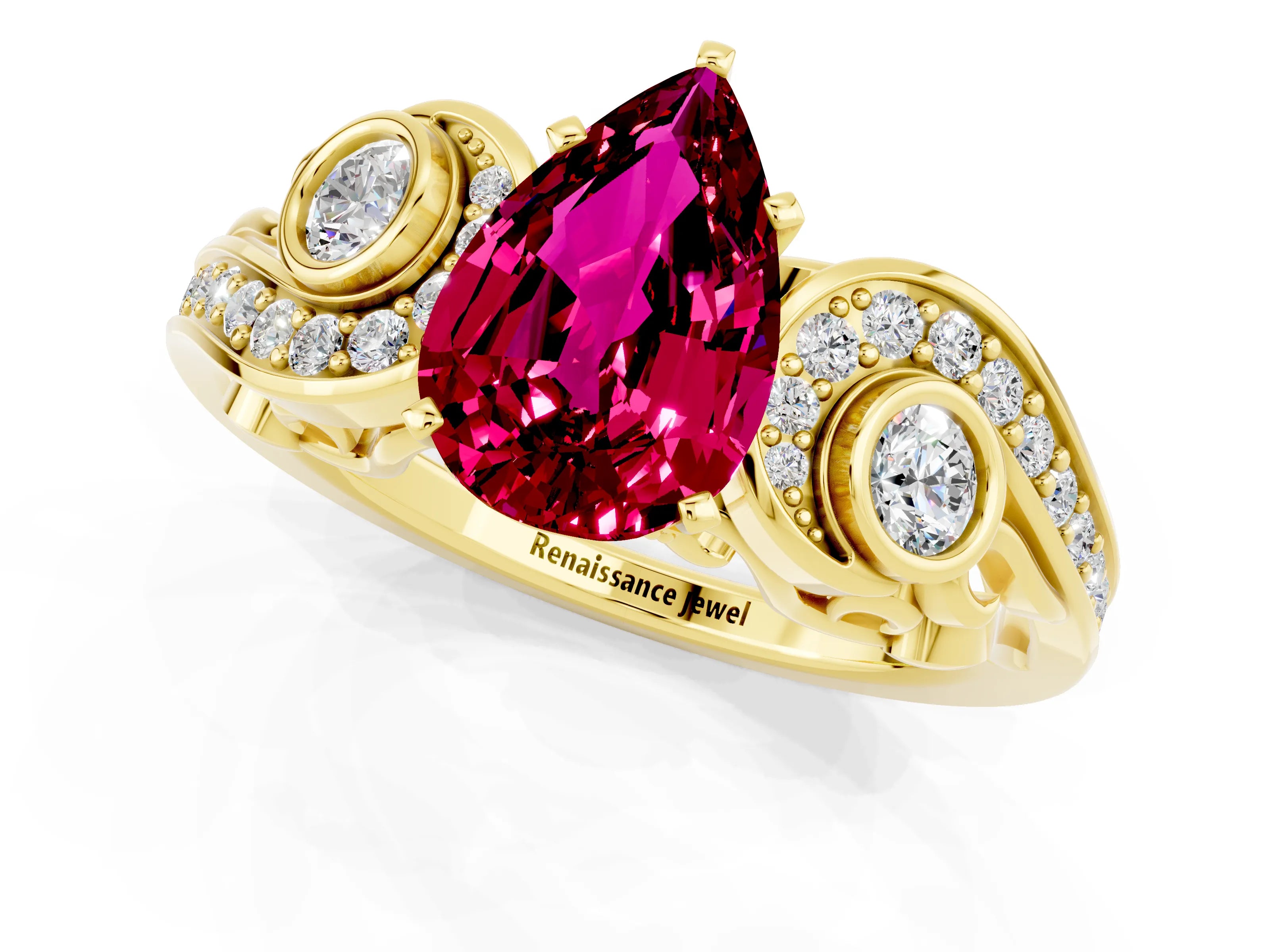 Yellow gold Pear Cut Garnet Solitaire Ring with Milgrain Pavé Band and Four-Prong Setting_25