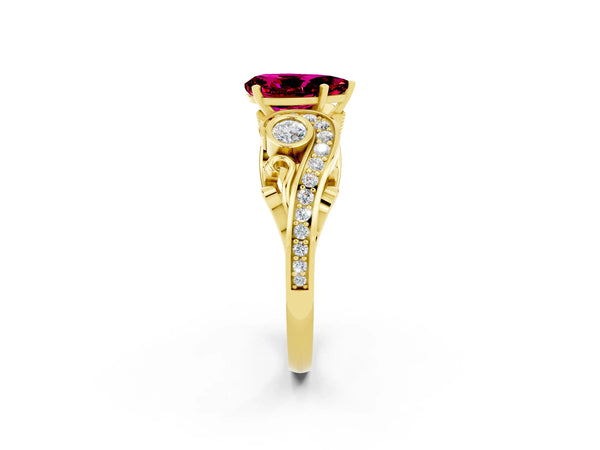 Yellow gold Pear Cut Garnet Solitaire Ring with Milgrain Pavé Band and Four-Prong Setting