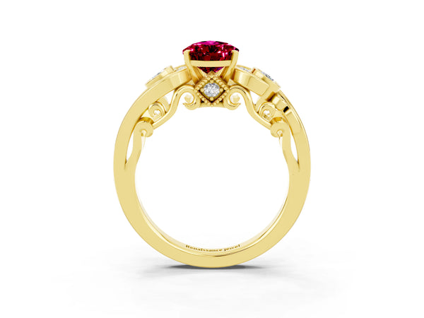 Yellow gold Pear Cut Garnet Solitaire Ring with Milgrain Pavé Band and Four-Prong Setting
