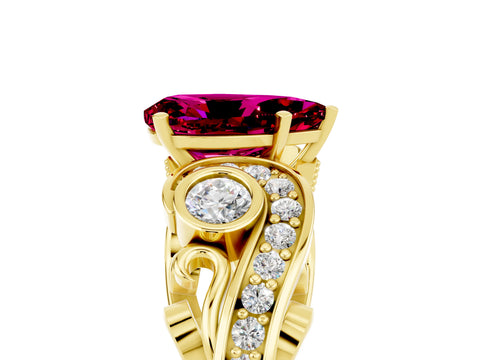 Yellow gold Pear Cut Garnet Solitaire Ring with Milgrain Pavé Band and Four-Prong Setting_29
