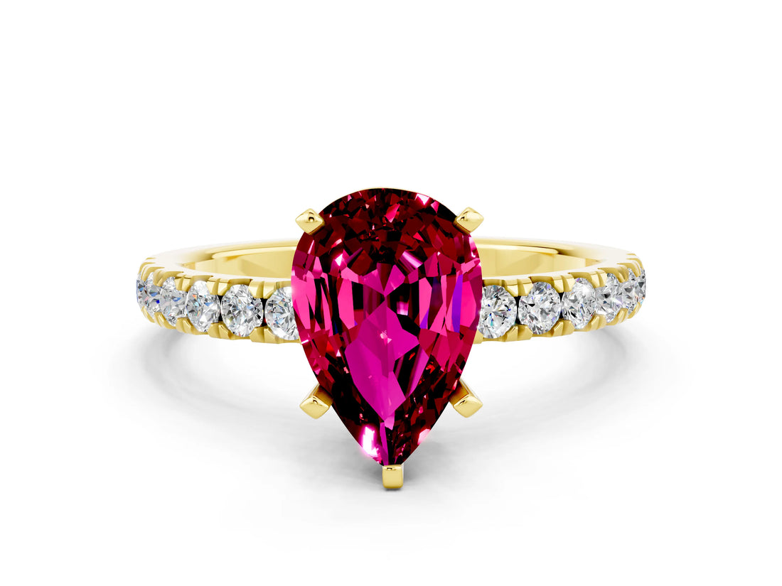 Yellow gold Pear Cut Garnet Solitaire Ring with Pavé Accents and Four-Prong Setting