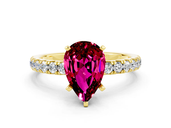 Yellow gold Pear Cut Garnet Solitaire Ring with Pavé Accents and Four-Prong Setting