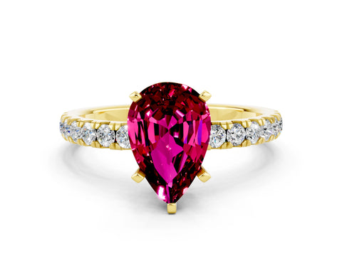 Yellow gold Pear Cut Garnet Solitaire Ring with Pavé Accents and Four-Prong Setting