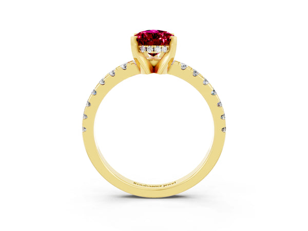 Yellow gold Pear Cut Garnet Solitaire Ring with Round  Pavé Band and Four-Prong Setting