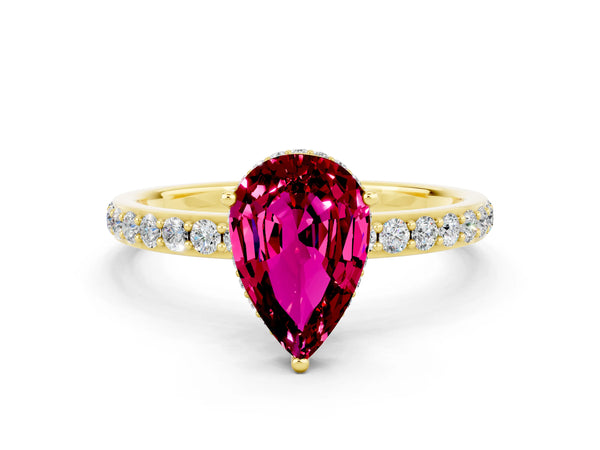 Yellow gold Pear Cut Garnet Solitaire Ring with Pavé Band and Hidden Halo